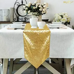 ShinyBeauty Tischläufer Quaste Grün 30 x 180 cm mit Glitzer und Pailletten für Party, Hochzeit und Bankett 12x72-Inch (Gold)