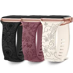 AMSKY 3er Set Floral Graviertes Silikon Armband für Apple Watch 38-49mm, Damen