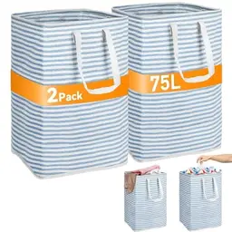 TAOPE 75L Wäschekorb und Sammelbehälter für Pfandflaschen, faltbar, wasserdicht, 2 Stück, Blau und Weiß