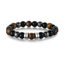 Personalisierte Herren-Perlenarmband mit graviertem Namen, elastisch, verstellbar, aus Edelstahl und Tigerauge, ideales Geschenk für Ihn, Papa, Ehemann, Vatertag oder Weihnachten