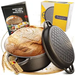 Flavemotion Gusseisen Brotbackform - 26cm Schmortopf mit Deckel, backofenfester Brottopf
