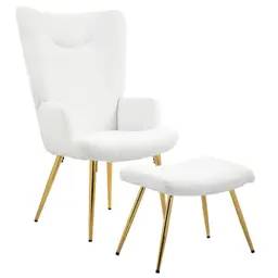 HOMCOM Ohrensessel mit Hocker, Weiß, mit hohem Rücken und Armlehnen, Loungesessel mit Stahlbeinen für Wohnzimmer und Schlafzimmer