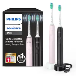 Philips Sonicare 3100 elektrische Zahnbürste, Schallzahnbürste, 2er-Pack, mit Andruckkontrolle & Timer, Sugar Rose & Schwarz