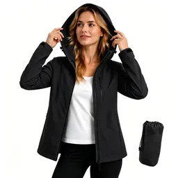 PYALT Damen Regenjacke 10.000MM wasserdicht, atmungsaktiv, leicht, mit Kapuze, winddicht, für Wandern, Reisen, Trekking, Radfahren, Schwarz, XL