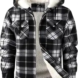 Zitysport Herren Hemdjacke gefüttert mit Kapuze - Kariert Flanellmantel in Schwarz und Weiß (XL)