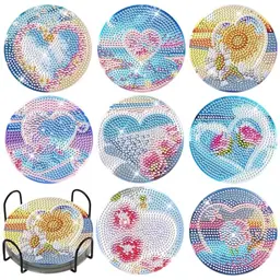 8 Stücke Diamant Malerei Untersetzer Set mit Halter - 5D Rund Mosaik für Geschenke & Urlaubsdekor (Herz)