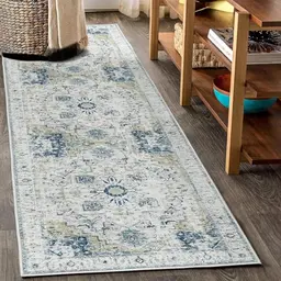 TOPICK Hellblau Floral Teppich Läufer 60x300cm - Waschbar und Faltbar für Flur, Küche, Schlafzimmer und Wohnzimmer