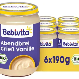 Bebivita Bio Abendbrei Grieß Vanille (6 x 190g), ab 5. Monat, ohne Zuckerzusatz, gut sättigend