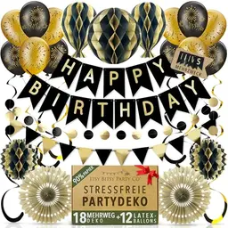 Wiederverwendbare Geburtstagsdeko Mann - 5-in-1 Banner Happy Birthday, schnelle Montage - Schwarz Gold Deko + Luftballons