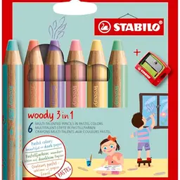 STABILO Woody 3 in 1 - Buntstifte in Pastellfarben, 6er Pack mit Spitzer