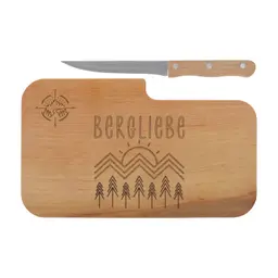 LASERHELD Brotzeitbrett Holz mit Gravur „Berg-Liebe“ & Messer, 26×15 cm, Schneide- und Jausenbrett, Geschenk für Wanderer & Bergfreunde