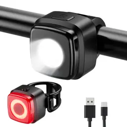 OnMeto Fahrradlicht Set, IPX5 wasserdicht, USB Type-C wiederaufladbar, Front- & Rücklicht, Schwarz