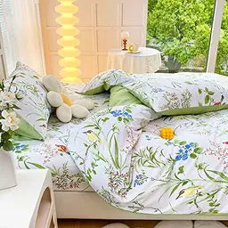 Luofanfei Bettwäsche Set 220x240 cm Weiß mit Grün Blättern und Vögeln, Microfaser Bettbezug und Kopfkissenbezüge 80x80 cm