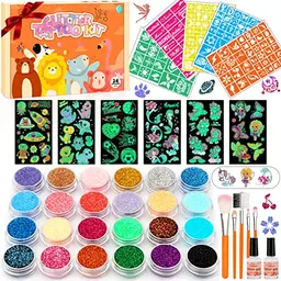 Glitzer Tattoo Set für Kinder - 60 Leuchtende Kindertattoos mit 24 Farben und 150 Schablonen, perfektes Geschenk für Mädchen von 5-11 Jahren