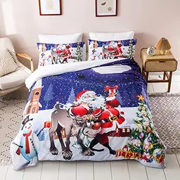 Chanyuan Weihnachts Bettwäsche Set 135x200cm mit Weihnachtsmann Muster in Blau und Weiß