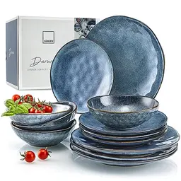 SÄNGER Tafelservice Darwin 12 tlg. für 4 Personen – Blaues Geschirrset, Handmade, inkl. Speiseteller und Dessertteller