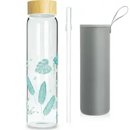 Ferexer 1l Trinkflasche aus Glas mit Strohhalm & Bambusdeckel
