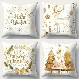 4er Set Weihnachts Kissenbezüge, Leinen Zierkissen, 45x45 cm, Gold - Dekoration für Sofa und Bett