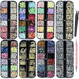 8 Boxen Nail Art Strass Kit - Bunte Strasssteine für Nageldesign mit Pinzette und Picker