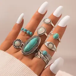 Türkisfarbenes Western-Ring-Set für Damen, Boho-Schmuck, verstellbare Knöchelringe, Geschenkidee