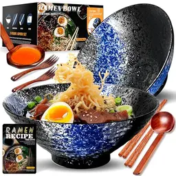 8 Zoll Keramik Ramen Schüssel Set - Spülmaschinenfestes Japanisches Geschirr mit Gabel, Essstäbchen und Löffel