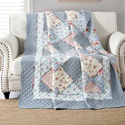Qucover Patchworkdecke 140x200cm - Zweiseitige Baumwolldecke im Landhausstil mit Blumenmuster für Einzelbett und Sofa