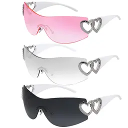 patinadrift 3er Pack Randlose Y2K Sonnenbrillen, Trend Wrap Around Damen & Herren, Vintage Herzform Sonnenschutz für Sommer