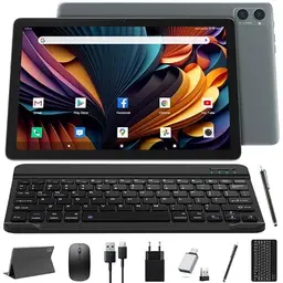2025 5G WLAN Android 14 Tablet 10 Zoll, 128GB, Octa-Core, 1080FHD, 8+13 MP, 7000 mAh - Grau, mit Tastatur und Stift