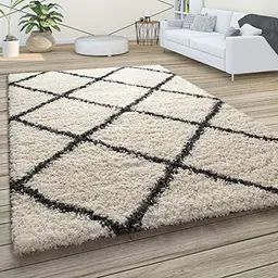 Paco Home Hochflor Teppich Shaggy im Skandinavischen Rautenmuster, 150 cm, Creme
