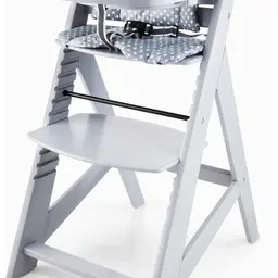 Moby-System Woody Kinderhochstuhl aus Holz – Höhenverstellbar bis 15 kg mit Tisch, Kissen & 3-Punkt-Gurt – Sicher & Platzsparend, Grau