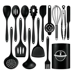15-teiliges Küchenhelfer-Set aus Silikon, hitzebeständig, antihaftbeschichtet, Kochlöffel mit Utensilienhalter, schwarz