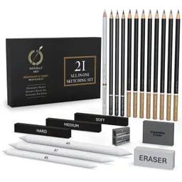 Pinturale Arts Zeichenset Professionell (21 Stück) | Komplettes Zeichen Set mit Bleistiften, Kohlestiften, Papierwischer, Radiergummis & Anspitzern