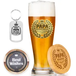 Funnli Papa Geschenkset – 440ml Biergläser, Schlüsselanhänger, Untersetzer & Karte, Geburtstags- & Vatertagsgeschenk für Papa