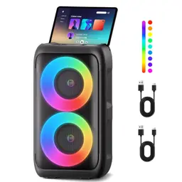 Große Bluetooth-Musikbox mit 2 Mikrofonen, tragbarer 3-in-1 Lautsprecher mit Licht, Outdoor/Indoor Party-Box für TV, Smartphone & Tablet