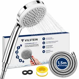 VILSTEIN® Duschkopf mit Schlauch 1,5m – Handbrause mit 4 Strahlarten & Verdrehschutz – Edelstahl Brauseschlauch – G1/2 Universalanschluss – Silikon-Düsen kalkresistent
