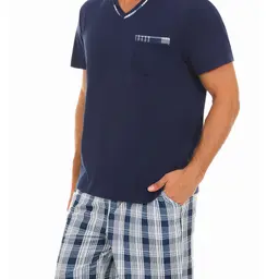 Demegimi Herren Schlafanzug Kurz Baumwolle Sommer Pyjama Set V-Ausschnitt mit T-Shirt und Karierter Schlafhose, Marineblau, XL