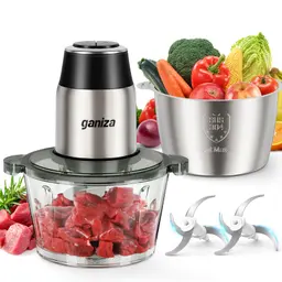 Ganiza Zerkleinerer Küche Elektrisch, Food Processor, Fleischwolf mit 2 Schüsseln (1.8L+1.8L), 2 Klingen, 2 Geschwindigkeitsstufen, für Fleisch, Gemüse, Nüsse