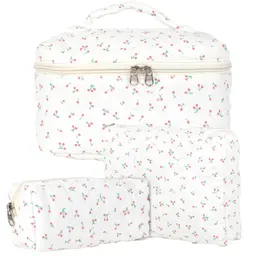 3er Set Damen Reise-Kosmetiktaschen mit Blumenmuster, Baumwoll-Beauty Bags, Make-up & Schminktaschen