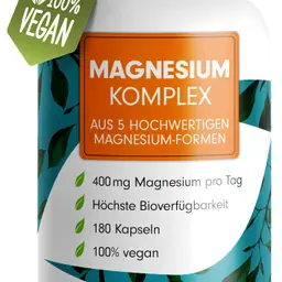 Magnesium Komplex 180 Kapseln - 400 mg pro Tag, 5 Formen (Oxid, Citrat, Bisglycinat, Malat, Ascorbat), laborgeprüft