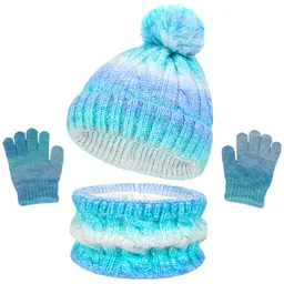 GWAWG Kinder Wintermütze, Schal & Handschuhe Set, 3-in-1, blau, für 3–10 Jahre, mit Bommel, Fleecefutter