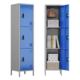 Metallschrank 3-türig mit Lüftungsöffnungen, Visitenkartenhalter, 168x40x40 cm, Grau/Blau – Für Schule, Büro & Zuhause