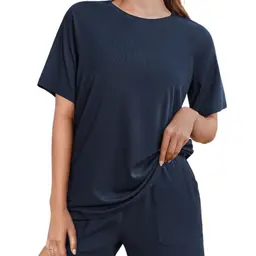 Ekouaer Damen Kurz-Pyjama-Set Sommer Nachtwäsche Shorty, Kurzarm, Rundhals, Marineblau, M