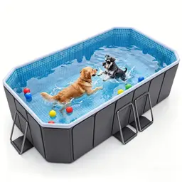 Großer Hundepool, 200 x 135 x 50 cm, faltbar mit Stahlrahmen, ohne Aufblasen, mit Abfluss und Filteranschluss, Grau