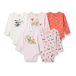 Amazon Essentials Unisex Babies' Langärmelige Bodys, 5er-Pack mit Bugs Bunny & Freunden, 12 Monate