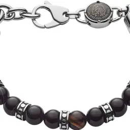 Diesel Armband für Männer mit schwarzen Halbedelstein-Perlen, 18–19,5 cm