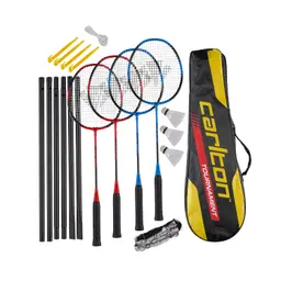 Carlton Tournament Badminton Set für 4 Spieler – 4 Schläger, 3 Bälle, Tasche & Netz & Pfosten, Black/Red/Blue