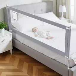 Julrrimg 200cm Rausfallschutz Bett, höhenverstellbar, mit Befestigungsgurten, werkzeuglose Montage, Hellgrau