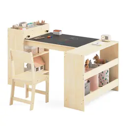 Puecrof Kinder-Kunsttisch & Stuhl Set, Holztisch mit Stauraum & Maltafel, Aktivitätstisch fürs Malen, Lesen, Basteln & Lernen