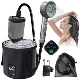 Zelvia Tragbare Campingdusche mit Pumpe und 20L Falteimer – Outdoors Dusche mit wiederaufladbarem 6000 mAh für Camping, Reisen, Garten, Haustiere und Autowaschen