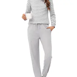Bresdk Damen Pyjama Lang Schlafanzug Baumwolle Winter mit Bündchen Grau M